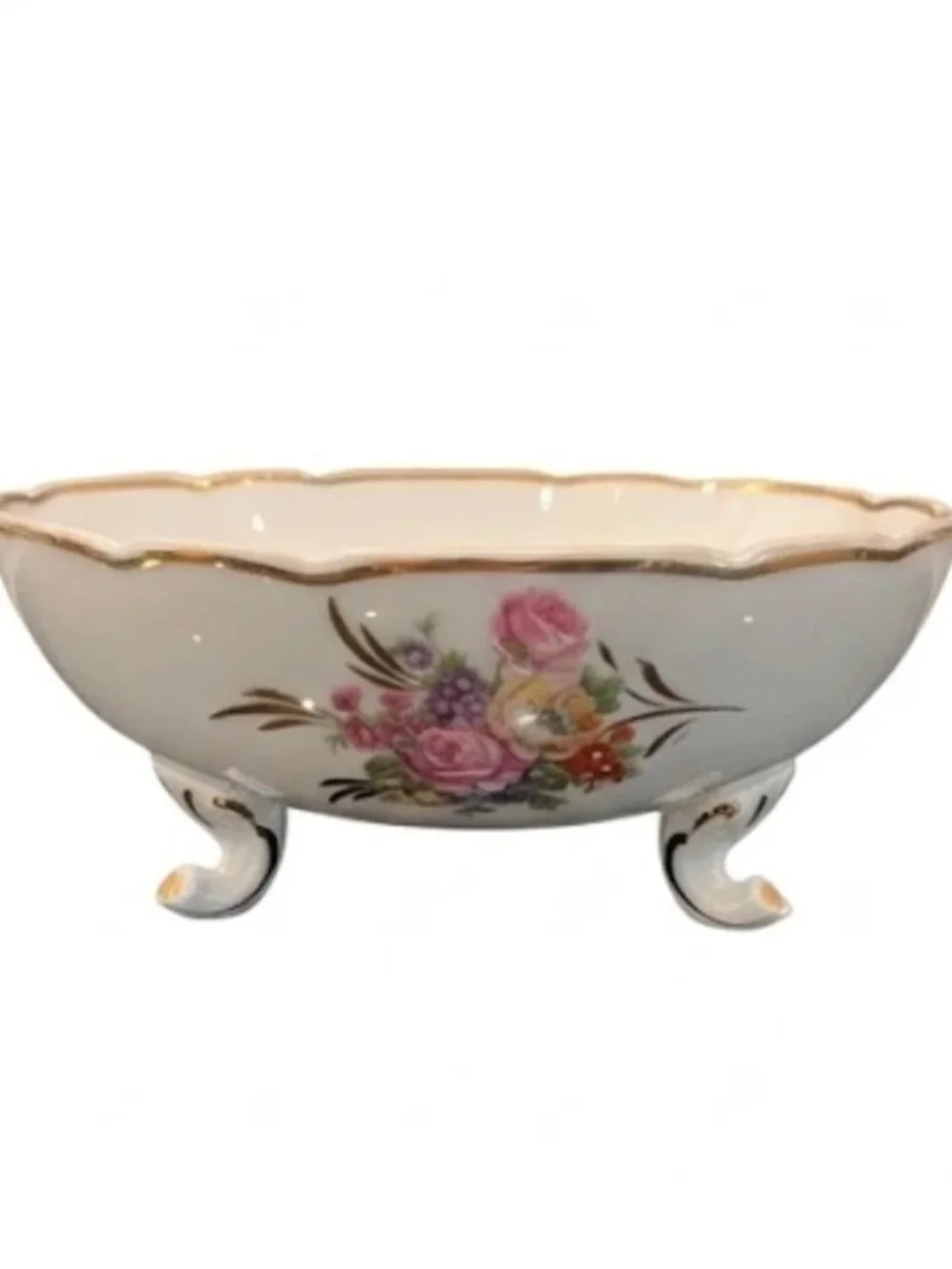 Antique Limoges France Porcelain Footed Bowl Floral Roses Gold Trim 5